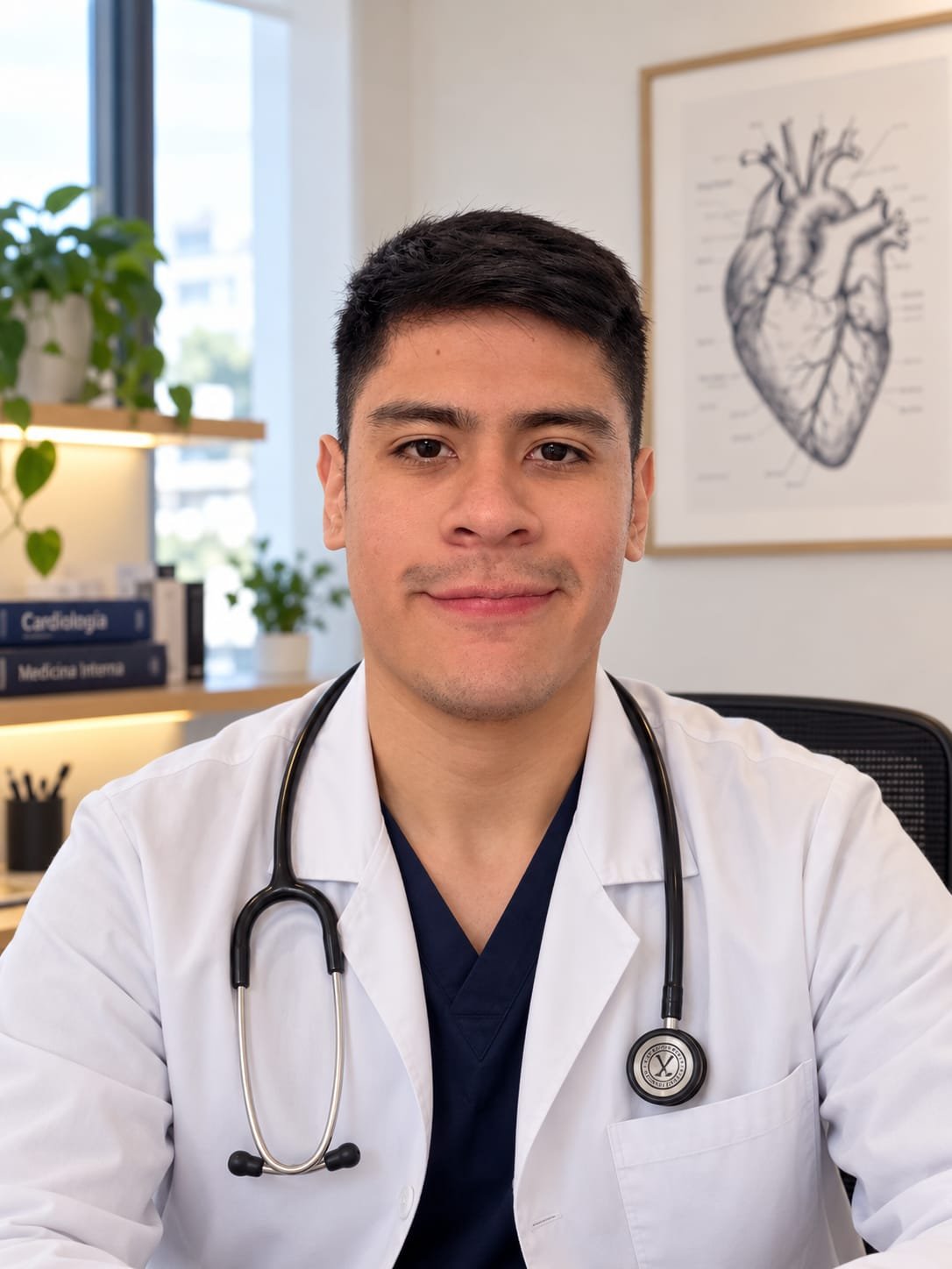 Dr. Jorge Aguirre de la Cámara en su consultorio, con guardapolvo y estetoscopio